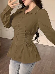 Modelyn 女款純色單排扣休閒側腰抽繩繫帶時尚襯衫 - 棕色 - 查看 2