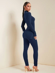SHEIN SXY 秋季女裝 2 件式純色立領長袖上衣與長褲保暖抓絨套裝 運動休閒居家服 棕色 - 藏蓝色 - 查看 2