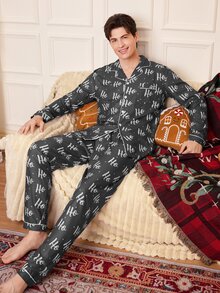 CoupledUp Christmas Personalized Ho Letter All-Over Print Men's Pajamas, Dark Gray Lapel Button Long Sleeve Long Pants 2 Pieces Set - Grey - View 3