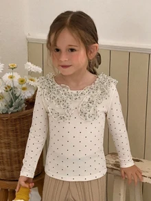 DAZY Young Girl) Round Neck Casual Polka Dot Design Fitted Base Layer T-Shirt - Beige - View 4
