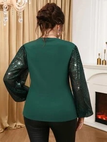 Miaspire Plus Size Women's Winter Elegant Party Dark Green Sequin Patchwork Shiny Top - Dark Green - View 2