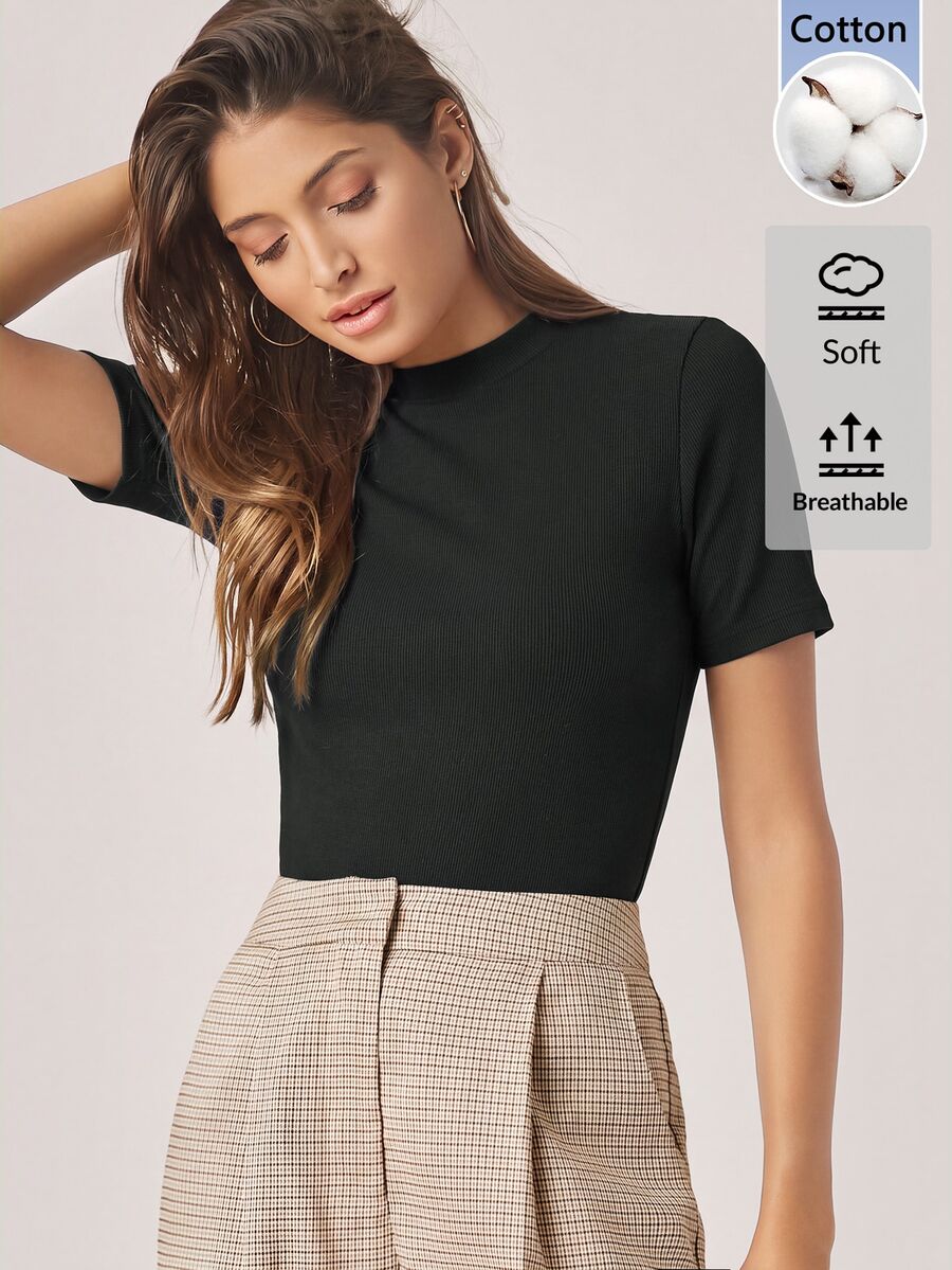 SHEIN BASICS 女款圓領短袖休閒百搭T恤 - 黑色 - 查看 1