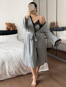 Napfluff CURVE Napfluff CURVE Plus Size Women Polka Dot Print Lace Patchwork Camisole Nightgown And Robe Set - Light Grey - View 6