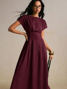 Poéselle 女款條紋船領蝙蝠袖短袖洋裝 休閒優雅 職場商務辦公穿搭 返校季 正式夏季 教師節 - 酒紅色 - 查看 4