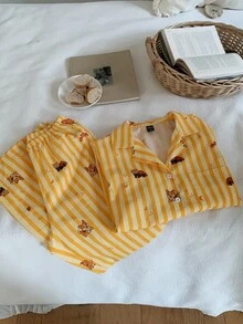DAZY Women's Cartoon Animal Striped Single-Breasted Top And Long Pants Pajama Set - Yellow - View 15