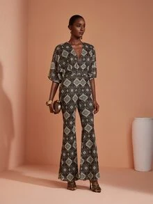 JIAN LASALA Mesh V Neck Overlapped Bishop Sleeve Long Jumpsuit Casual Vacation Holiday - Multicolor - View 5
