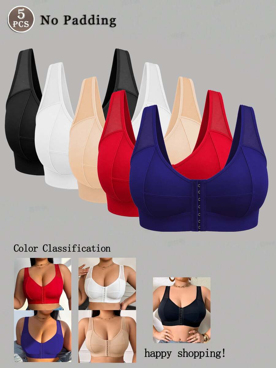 SHEIN 5pcs/Set Bra Wanita Ukuran Plus Tanpa Kawat Tanpa Bantalan dengan Penutup Depan Motif Jala dan Patchwork - MultiWarna - View 1