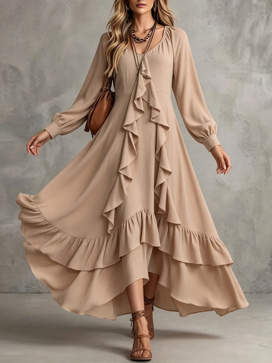 SHEIN PariChic Women's Elegant Fashion Ruffle Trim Dress - Apricot - View 1