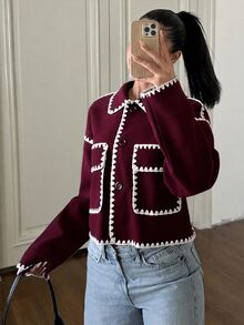 SHEIN EZwear 對比色短版夾克 秋季 辦公室 黑色 優雅 - 酒紅色 - 查看 3