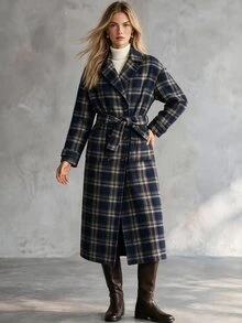 Trelyra European And American Style Autumn/Winter New Fashion Versatile Plaid Decor Lapel Loose Tie Elegant Commute Design Overcoat - Multicolor - View 9