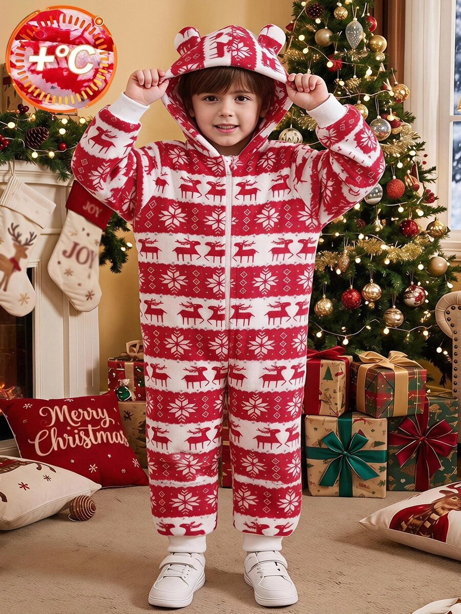 SHEIN Young Boy Christmas Reindeer Print Zipper Front Cute Hooded Jumpsuit - Red - View 1
