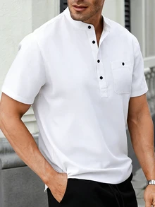 Manfinity CasualCool 男士純色休閒熱帶短袖襯衫，夏季度假，正式度假風，灰藍色 - 白色 - 查看 3