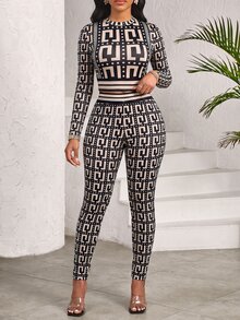 SHEIN Lady Women's Geometric Print Long Sleeve Top And Leggings 2 Pieces Set - Khaki - View 4