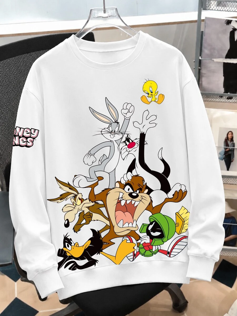 LOONEY TUNES X SHEIN Daypath بلوزة رياضية رجالية بطبعة رسوم كرتونية بسيطة بأكمام طويلة - أبيض - مشاهدة 1