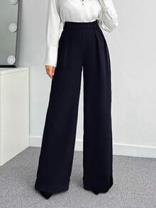 SHEIN Tall CURVE 大尺碼女款純色百褶休閒優雅百搭寬腿褲，高腰黑色，適合日常穿著、通勤、職場辦公、正式場合，秋季款 - 藏蓝色 - 查看 5