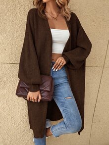 SHEIN Tall CURVE Plus Size Drop Shoulder Ribbed Knit Duster Cardigan,Long Sleeve Tops For Women Curve Tall In Fall/Winter - Coffee Brown - View 7