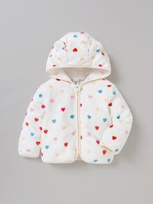 SHEIN Baby Girl Knit Solid Color Faux Fur Colorful Heart Pattern Hooded Casual Jacket And Long Pants 2 Pieces Set - Multicolor - View 5
