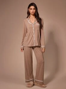 Lazeform Casual Loose Fit Contrast Color Lapel Open Front Long Sleeve Pants Women's Pajama Set - Brown - View 5