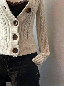 Lalippa Women's Cable Knit Button Long Sleeve Cardigan - Beige - View 5