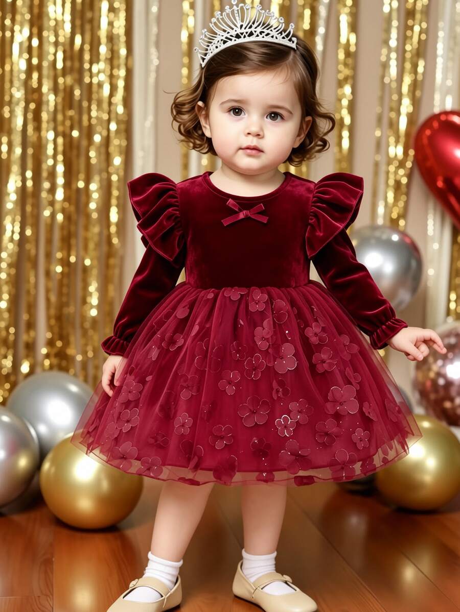 SHEIN Glamorique Kids 嬰兒公主禮服,長袖,酒紅色天鵝絨,緞帶蝴蝶結,3D花朵,生日派對,婚禮節日禮服,奢華,優雅,可愛,聖誕節 - 紅色 - 查看 1