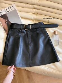 GlowEve Women's Solid Color PU Leather Fashion Versatile Daily Casual Skirt - Black - View 3