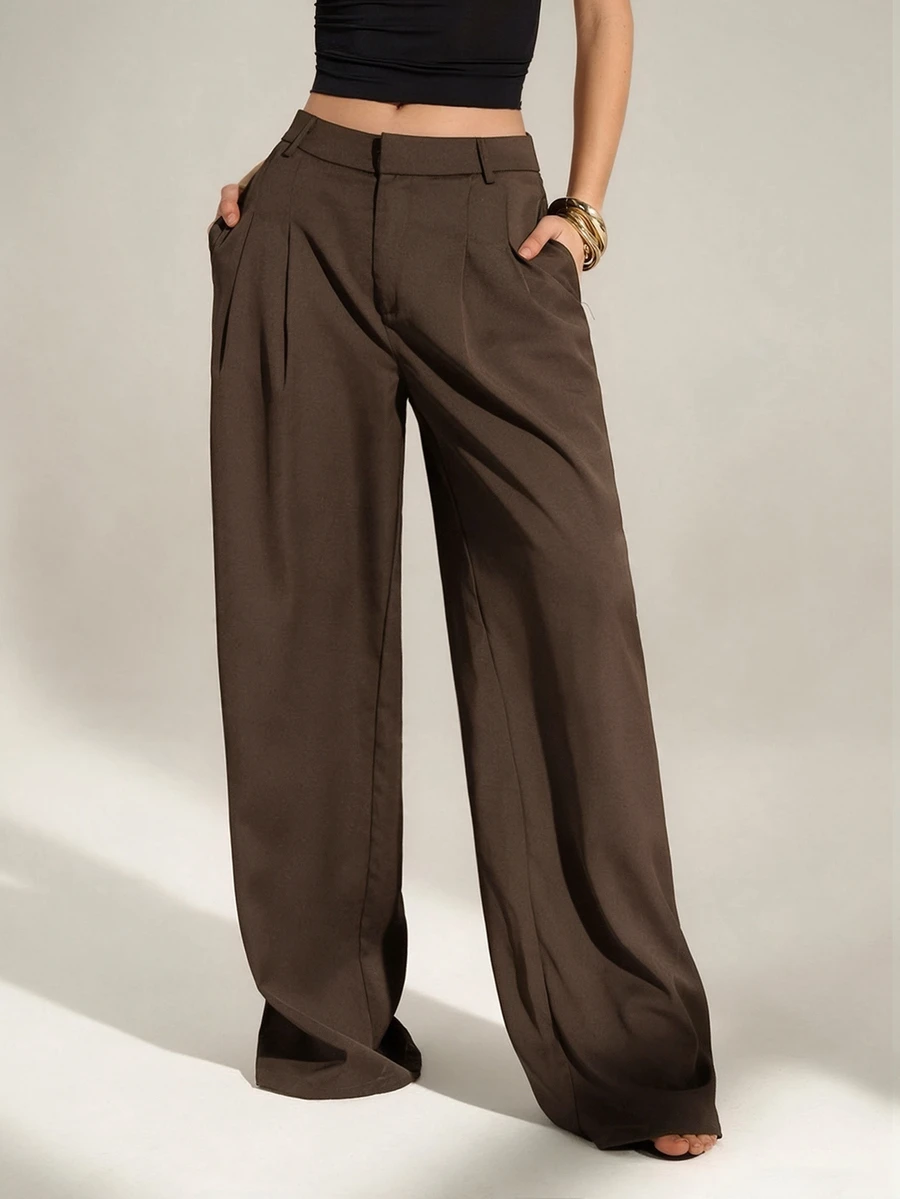 SHEIN Tall Old Money 風格女款高腰百褶寬腿長褲,黑色冬季端莊商務休閒辦公穿搭,優雅純色寬鬆修身工作褲,適合高個女性 - 可可 - 查看 1