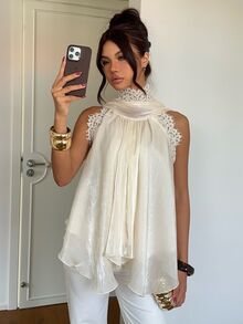 Aloruh 女款蕾絲拼接百褶休閒百搭掛脖上衣 - 杏色 - 查看 7