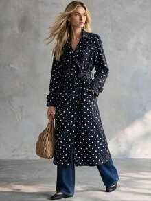 Trelyra European & American Style Autumn/Winter New Fashion Versatile Polka Dot Wool Blend Belted Elegant Commuter Design Classic Long Overcoat - Multicolor - View 2