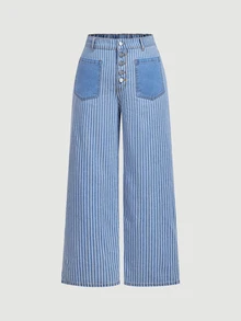Selenza Plus Size Designer Button Striped Colorblock Loose Fit Denim Jeans - Blue - View 6