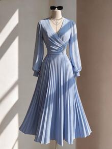 Fine & Folde Women's Elegant Romantic Flowy Pleated Chiffon Dress - Dusty Blue - View 1