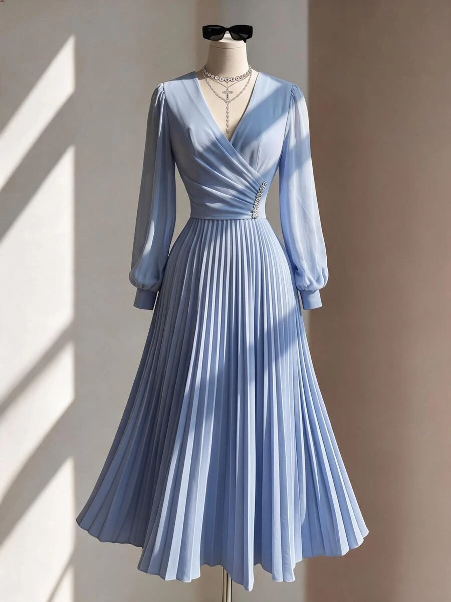 Fine & Folde Women's Elegant Romantic Flowy Pleated Chiffon Dress - Dusty Blue - View 1