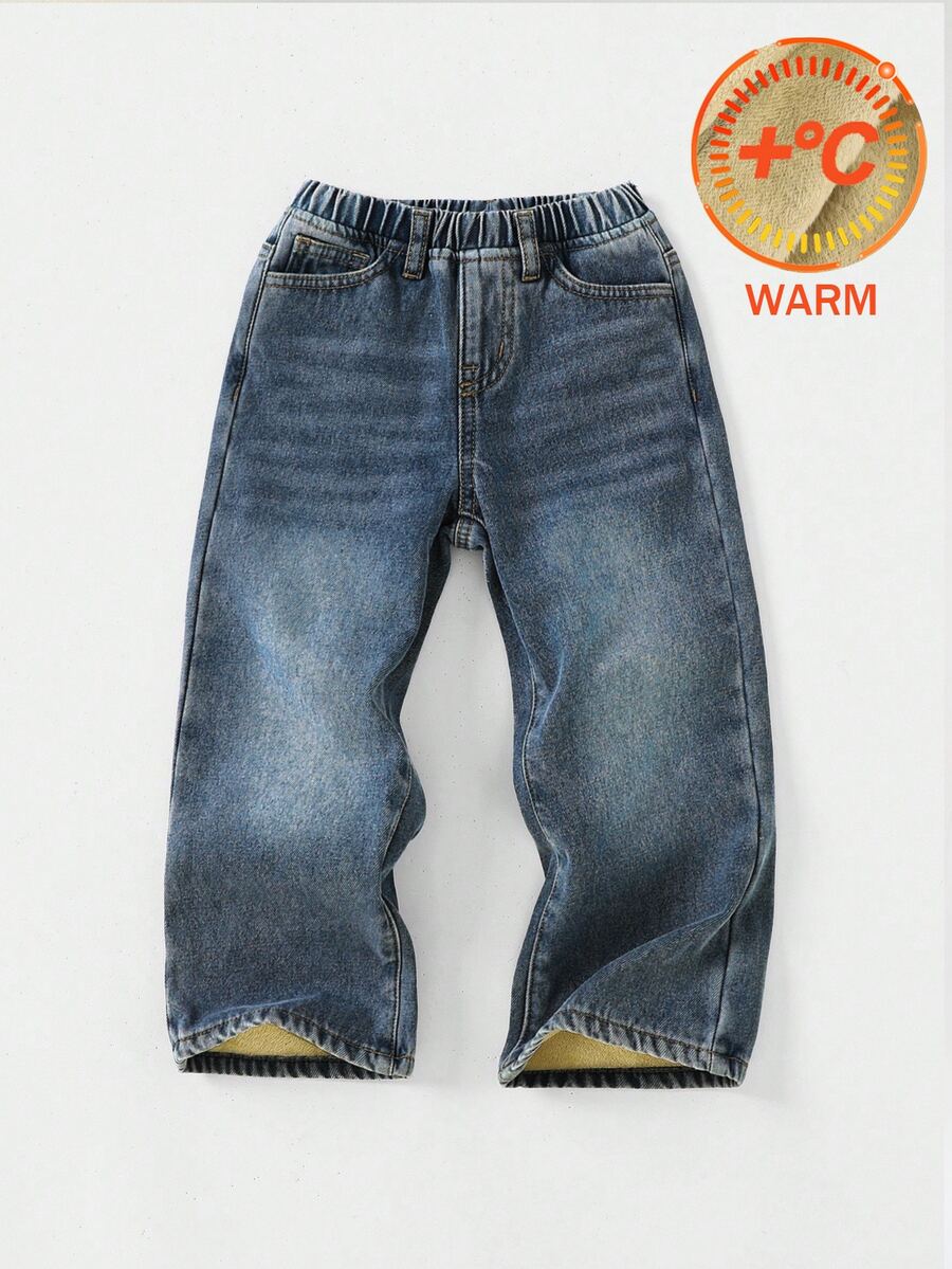 SHEIN Young Boy Elastic Waist Kids Pocket Casual Daily Travel Denim Jeans Autumn Winter - Dark Wash - View 1