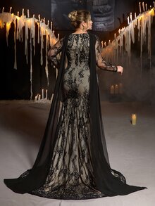 Glamrae Plus Size Elegant Romantic Glamorous Black & Nude Contrast Cold Shoulder Ruffle Fitted Mermaid Hem Evening Gown, Suitable For Evening Party, Date, Ball, Vacation, Wedding, Event, Heavily Embellished - Multicolor - View 2