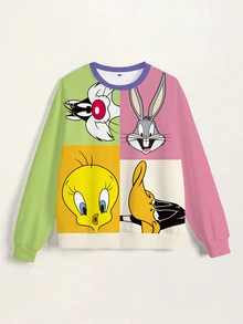LOONEY TUNES X SHEIN 女款可愛卡通印花長袖運動衫 - 白色 - 查看 3