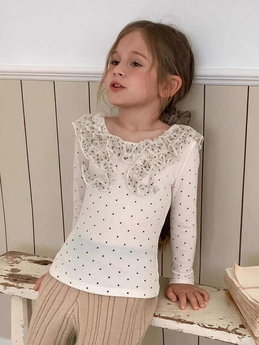 DAZY Young Girl) Round Neck Casual Polka Dot Design Fitted Base Layer T-Shirt - Beige - View 1