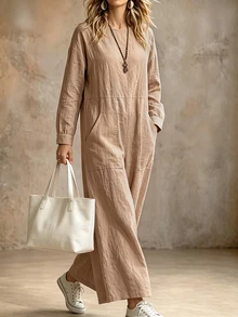 Breezaya Women's Autumn Solid Color Round Neck Long Sleeve Pocket Design Casual Wide Leg Jumpsuit - Khaki - View 5