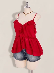 SHEIN ICON 大尺碼女款荷葉邊雪紡純色綁帶細肩帶背心 - 紅色 - 查看 7