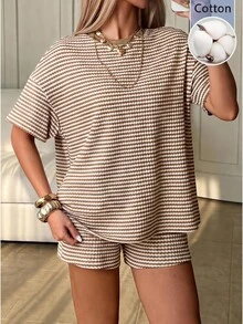 SHEIN EZwear 女款條紋拼接上衣與短褲兩件套 - 杏色 - 查看 8