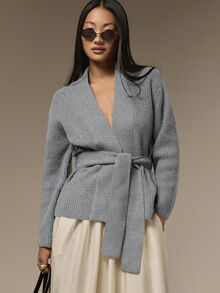 COSMINA 女款休閒優雅極簡長袖前綁帶針織衫，百搭秋季辦公室黑色秋裝冬季女裝 - 灰色 - 查看 1