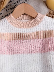 SHEIN Young Girl's And Young Girl Knit Colorful Striped Crew Neck Textured Sweater, Suitable For Casual Daily Wear - Multicolor - View 5
