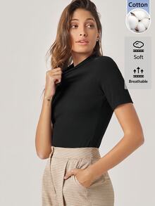 SHEIN BASICS 女款圓領短袖休閒百搭T恤 - 黑色 - 查看 4