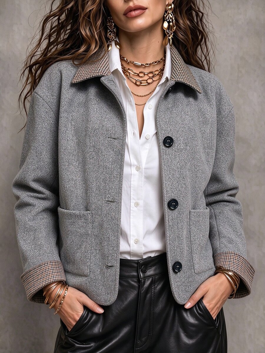 SHEIN Women's Houndstooth Contrast Color Lapel Cuff Wool Vintage Old Money Style Coat - Grey - View 1