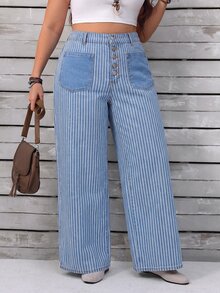 Selenza Plus Size Designer Button Striped Colorblock Loose Fit Denim Jeans - Blue - View 12