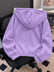 SHEIN 青少年女孩灰色長袖拉鍊外套，秋冬純色時尚蝴蝶結運動外套，舒適厚實抓絨內裡運動衫 - 紫色 - 查看 2