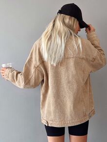 ZIRRA Women's Fashion Pocket Button Long Sleeve Denim Jacket - Khaki - View 2