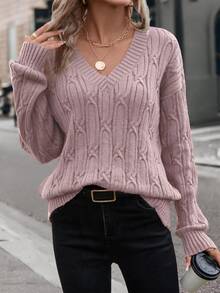 SHEIN LUNE Cable Knit Drop Shoulder Sweater In Fall/Winter,Casual - Pink - View 4