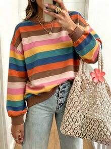 EMERY ROSE Rosa randig sweatshirt för kvinnor i plus size, avslappnad topp med rund hals för höst och vinter - Vitt - Visa 1