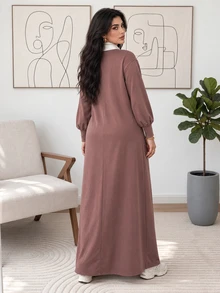 Solavon Plus Size Women's Colorblock Polo Collar Long Sleeve Casual Dress - Multicolor - View 3