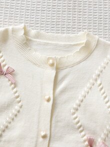SHEIN 4-7歲女童蝴蝶結裝飾愛心鈕扣落肩開襟衫與裙子2件套，秋冬針織毛衣套裝，甜美菱格麻花針織毛衣套裝，適合女童春秋日常穿著 - 粉色 - 查看 3