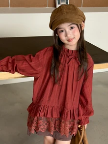 DAZY (Gadis Remaja) Kemeja Musim Gugur Lengan Panjang Kasual dengan Motif Pita dan Patchwork Renda - Burgundy - View 4